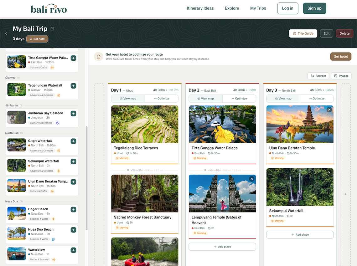 A travel itinerary website shows a 3-day Bali trip plan with destinations, images, and descriptions organized into columns for each day. The bali rivo app features the itinerary detail window for easy editing, reordering, and route optimization.
