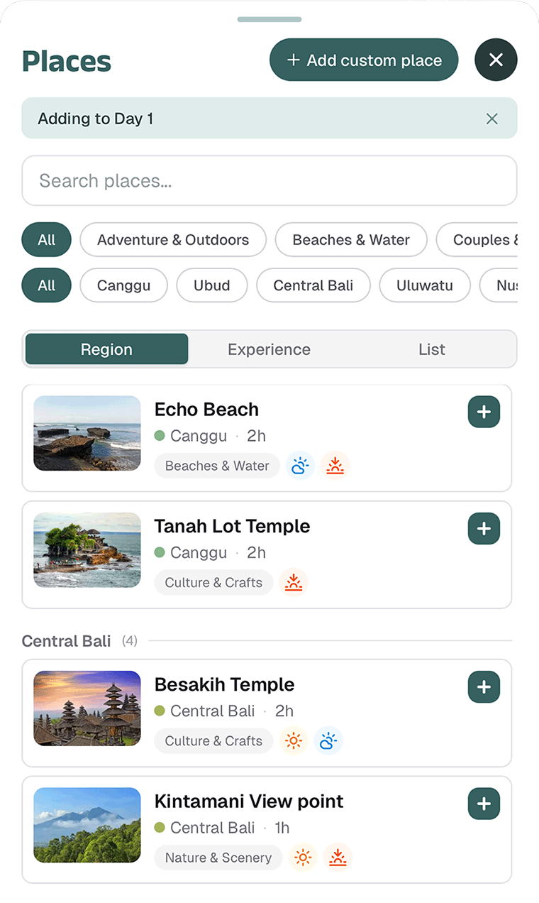 The bali rivo app features a "places" window listing Bali destinations like Echo Beach, Tanah Lot Temple, Besakih Temple, and Kintamani View Point, complete with photos, locations, categories, and estimated visit times.