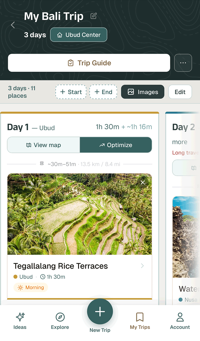 A mobile app screen on the Bali Rivo app displays a "My Bali Trip" itinerary. Day 1 features Tegallalang Rice Terraces in Ubud, with lush terraces shown in the photo, and an itineraries window plus planning options at the bottom.