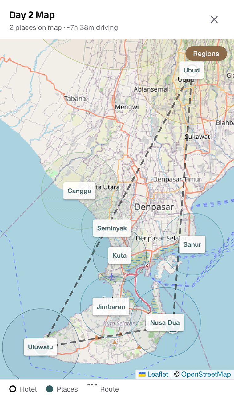A map of southern Bali, Indonesia, showing a driving route from Ubud to Uluwatu with stops in Denpasar, Canggu, Seminyak, Kuta, Jimbaran, Sanur, and Nusa Dua. Hotels, places, and the route are marked.