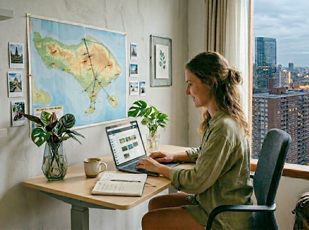 A woman sits at a desk by a window, working on her laptop with the Bali Rivo app on the screen. A notebook, mug, and plants are nearby. A map with travel routes and photos decorates the wall; a city skyline is visible outside.